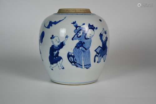 A Big Blue and White Playing Children Jar