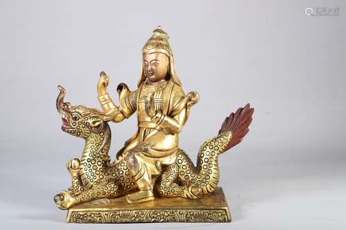 A Statue of Gilt Bronze Guan Yin on Dragon