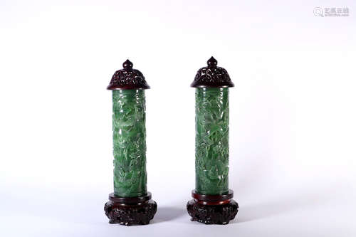 A Pair of Green Hetian Jade Figural Incense Pots