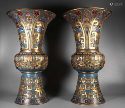 A Pair of Bronze Statue Cloisonne Enamel Beaker Vase