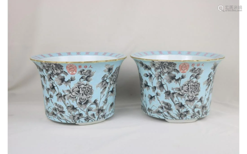 A Pair Of Blue Ground and Grisaille Painting Flower Pot