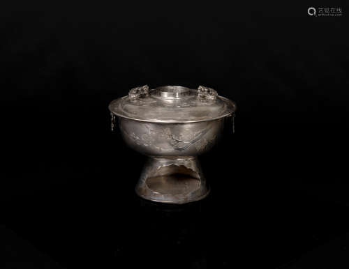 日本明治時期-純銀雕花火鍋