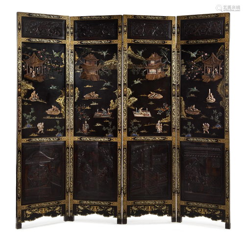 Large Four-Panel Lacquered and Gemstone Inlaid Screen