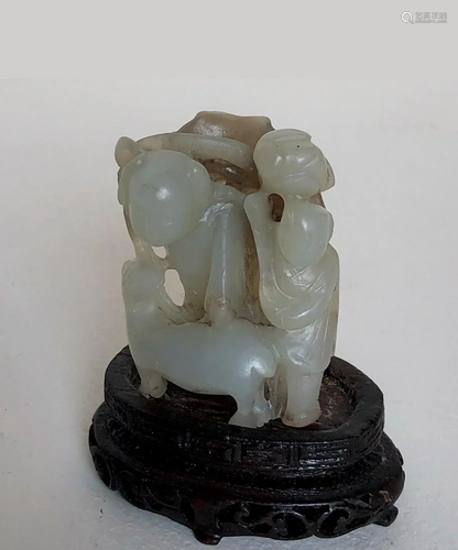 A Small Hetan Jade Sculpture of Elder, Boy and Deer