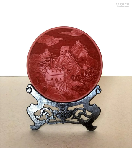 A Carved Red Cinnabar Lacquer Plate with Great Wall