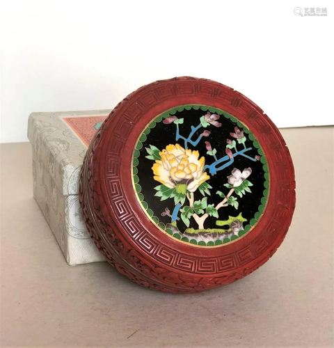 A Carved Red Lacquer Box with Cloisonne Panel Insert