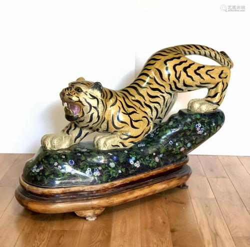 A Large Chinese Cloisonne Model of Tiger on Wood Stand