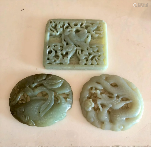 Three Carved Celadon Jade Panels, 19-20th Century