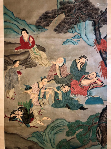 Large Chinese Watercolor on Paper Scroll, 19/20th