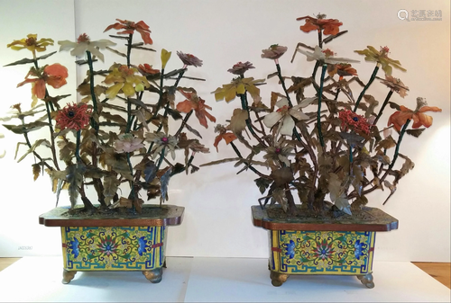 Pair of Jade Tree in Cloisonne Planters, late 19th Cen