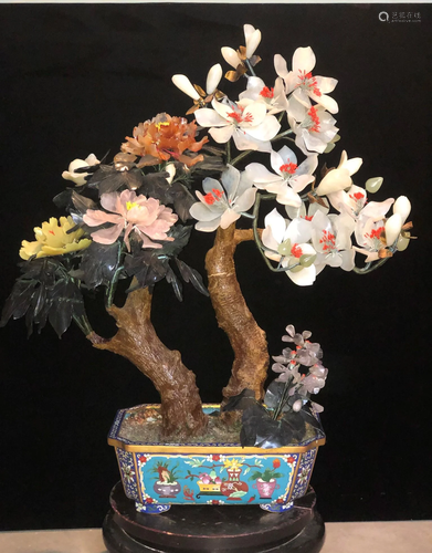 A Large Chinese Jade Flower Tree in Cloisonne Planter