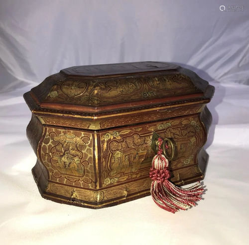 A Chinese Export Lacquer Tea Caddy Box with Pewter