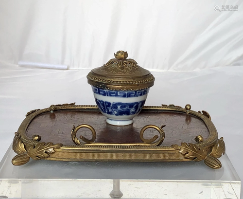 A Louis XV Style Inkwell with 18c Chinese Porcelain Cup