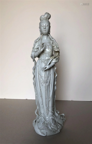 A Tall Chinese Blanc-de-shine Guanyin Figure, Qing