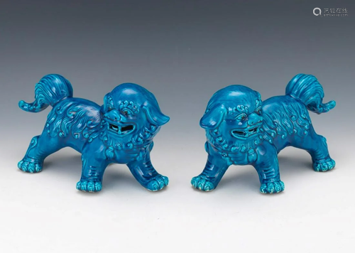 Pair of Chinese Turquoise-glazed Buddhist Foo Lions