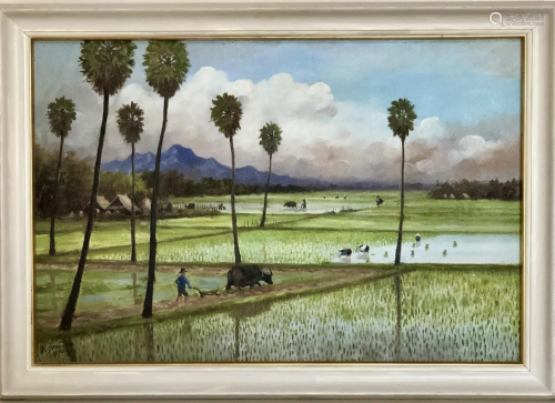 Beautiful Asian Oil on Canvas - Working in Rice Field