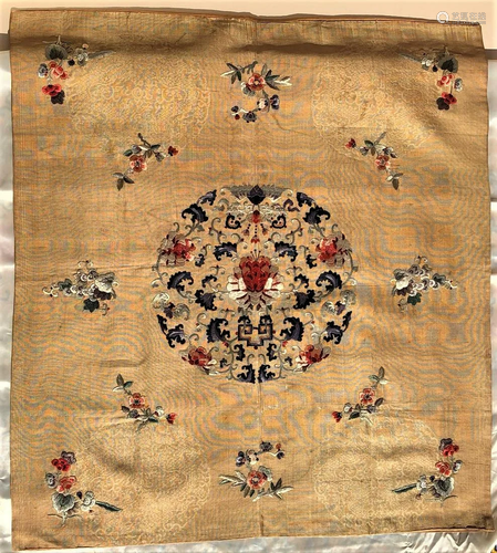 Chinese Embroider Panel on Pale Yellow Brocade Silk