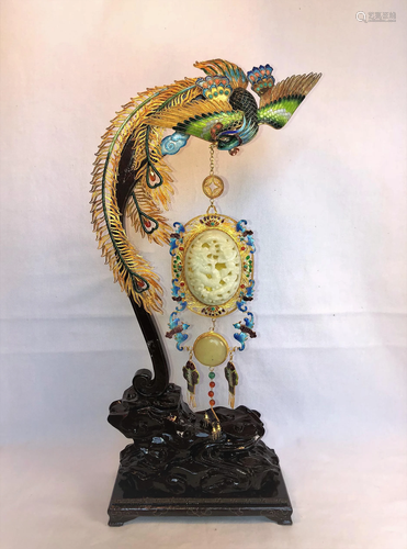 A Large Enamel and Gilt Silver Phoenix with Jade Insert