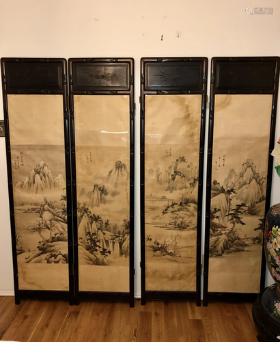 19c Chinese Four-Panel Hongmu Screen with Ink on Paper