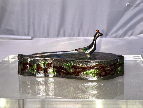 Vintage Enamel Silver Box with Peacock Handle, Republic