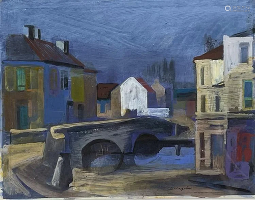 Karl SCHLAGETER (1894 - 1990). Houses.River with bridge