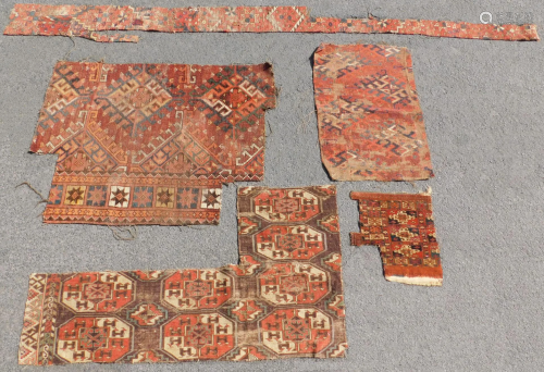 Study collection. 5 Turkmen tribal carpet fragments.