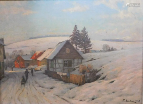 Hermann BAHNER (1867 - 1938). Snow-covered village.