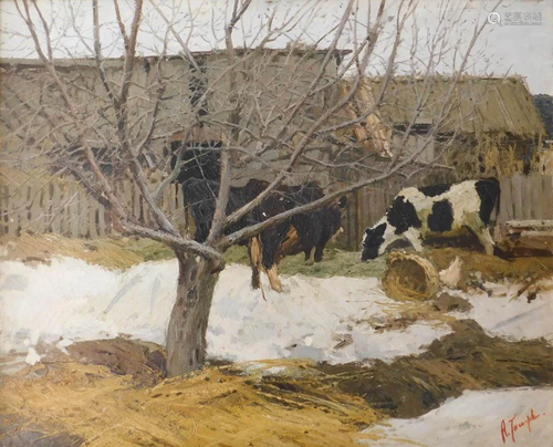 RUSSIAN SCHOOL (XX). Cows in front of the stable (1960)