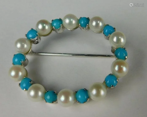 Brooch white gold 750 with cultured pearls and turquois