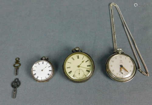 3 pocket watches with silver cases.