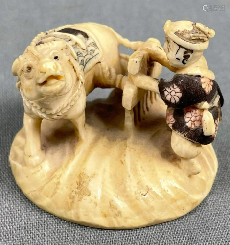 Sculpture. Farmer with ox. Probably Japan antique.