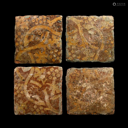 Medieval English Glazed Floor Tile Set with Grapevines