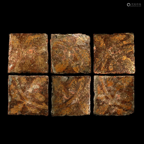 English Glazed Floor Tile Group with Oak Leaf Design