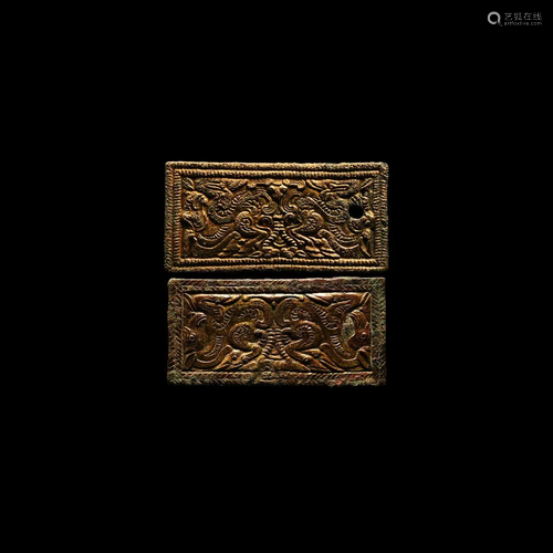 Chinese Ordos Gilt Zoomorphic Plaque Pair