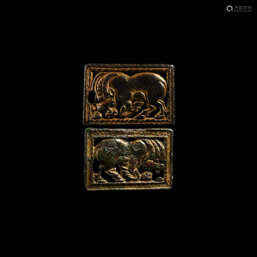 Chinese Ordos Gilt Zoomorphic Plaque Pair