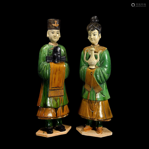 Large Chinese Ming Attendant Figure Pair