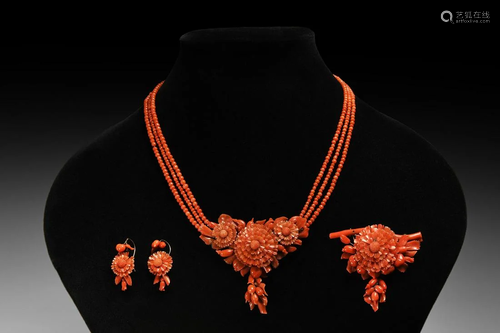 Victorian Coral Parure Set with Flowers and Buds