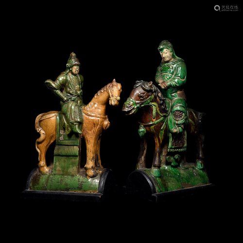 Chinese Ming Horse and Rider Ridge Tile Pair