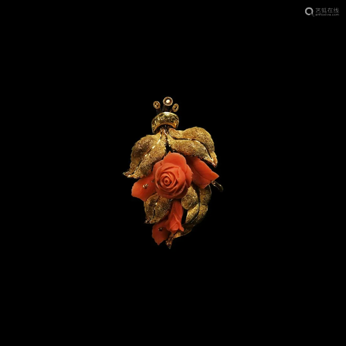 Victorian Gold and Coral Rose Brooch