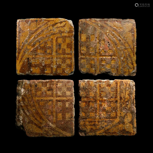 English Glazed Floor Tile Set with Heraldic Design