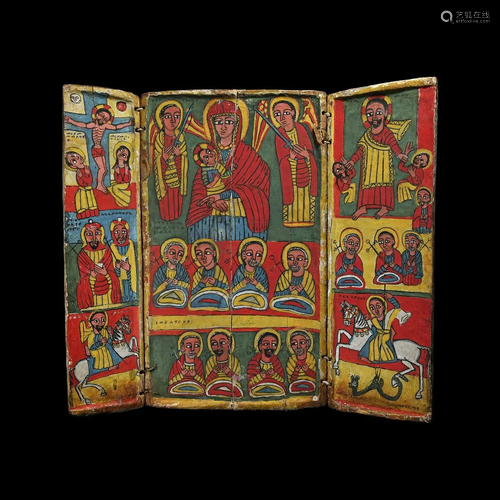 Large Ethiopian Triptych Icon with Virgin and Child and