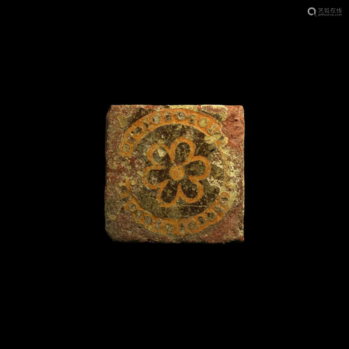 French Glazed Floor Tile with Six-Petalled Flower