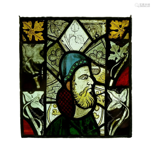 Medieval English Portrait in Stained Glass Window Panel