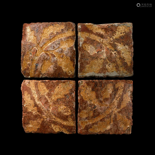 English Glazed Floor Tile Set with Oak Leaf Design