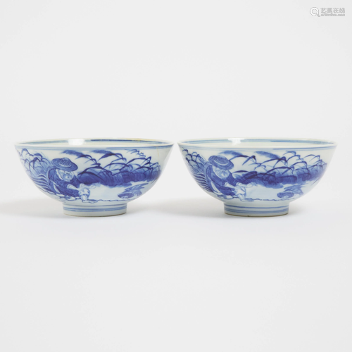 A Pair of Blue and White 'Figural' Bowls, Circa 1920,