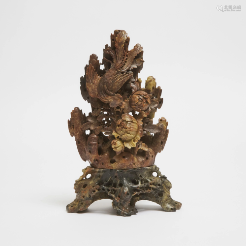 A Chinese Soapstone 'Phoenix and Peonies' Carving,