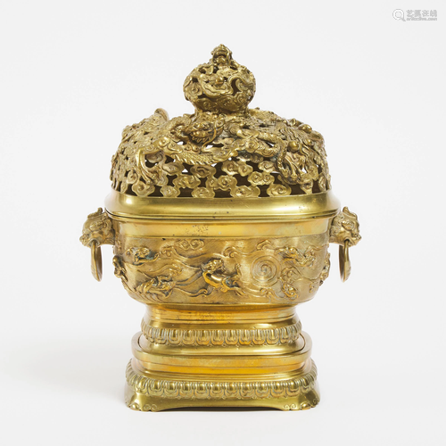 A Chinese Bronze Censer, Cover and Stand, 20th Century,