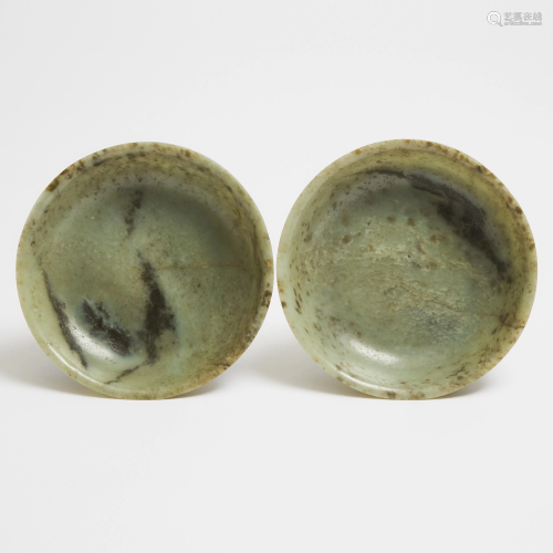 A Pair of Mottled Celadon Jade Bowls, Jiaqing Mark,