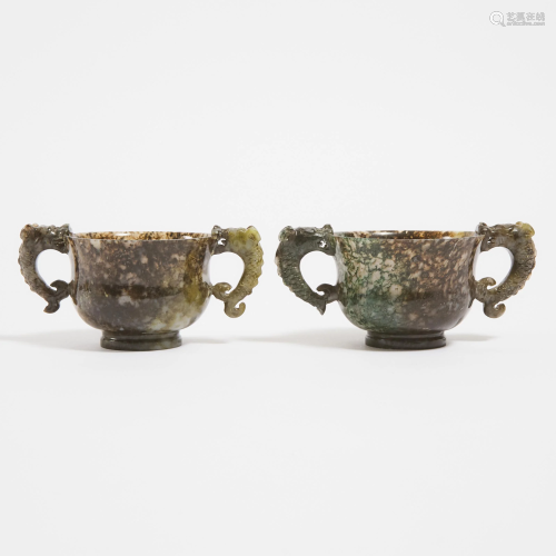 A Pair of Carved Moss Agate 'Dragon-Fish' Handled Cups,