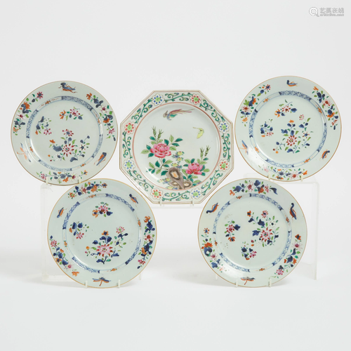 A Group of Five Famille Rose 'Floral' Plates, 18th/19th